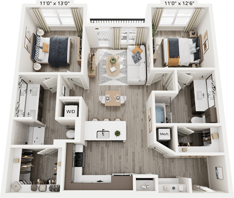 Floor plan for 2 beds, 2 baths, 1040 sqft